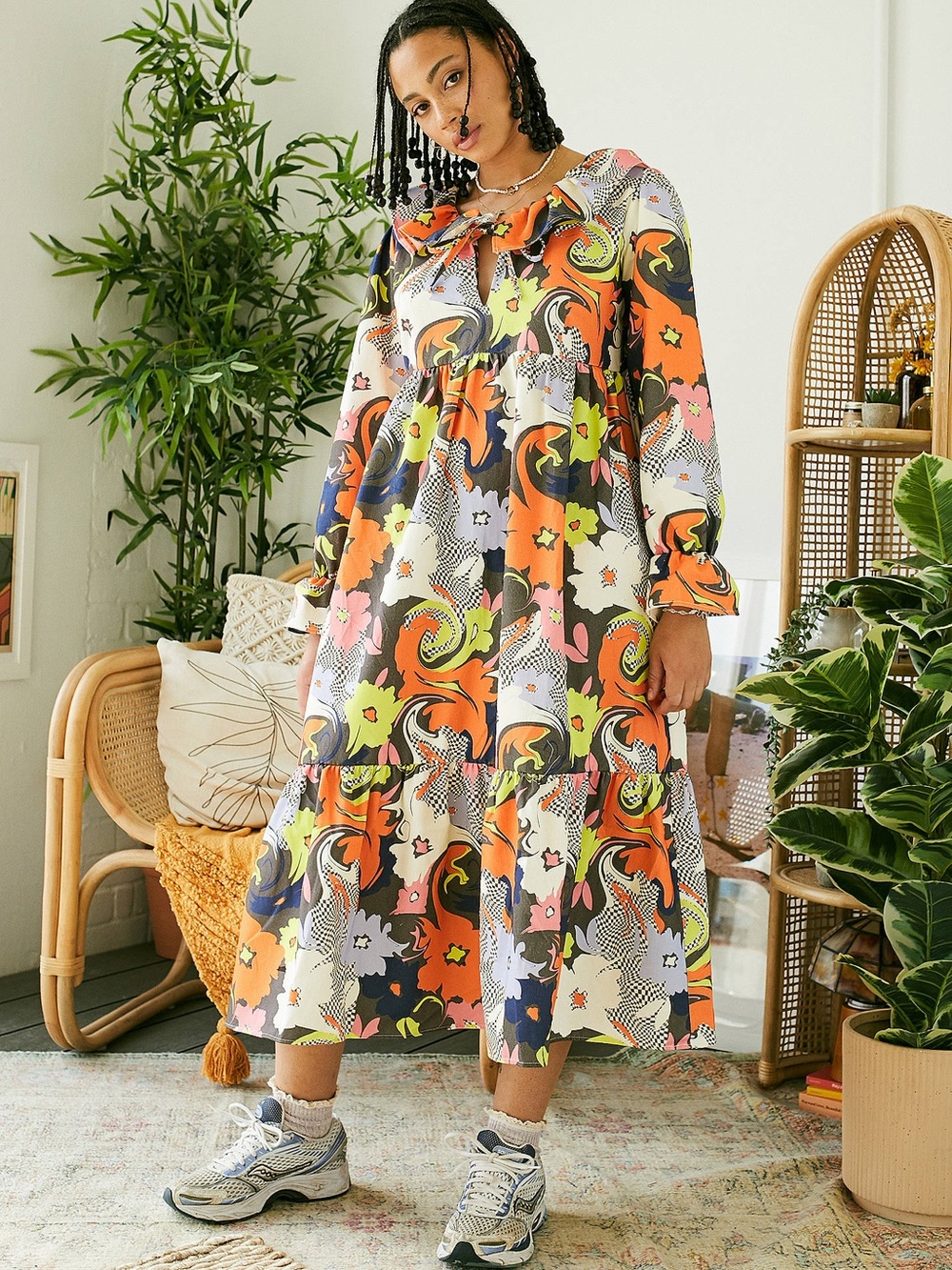 Damson Madder Gloria Trippy Floral Ruffle Dress Organic Cotton Midi 10 - Picture 5 of 9